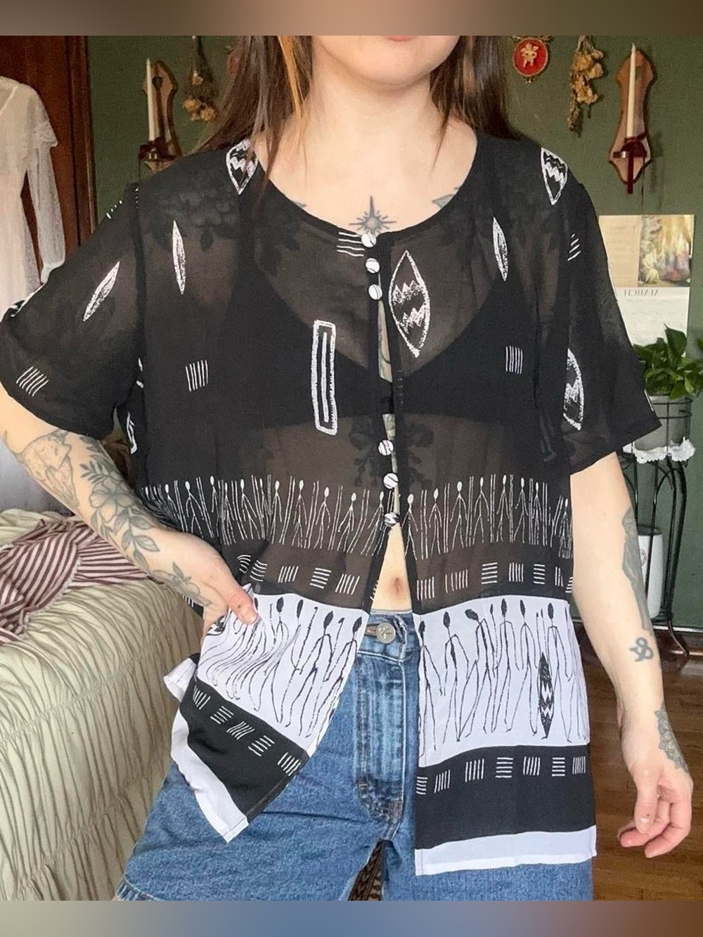 Sheer Black Button-Front Crop Top with White Print